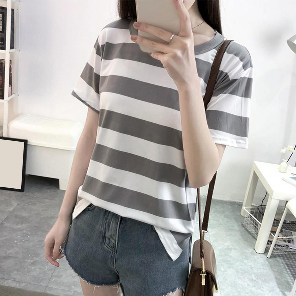 Summer T-shirt Round Neck Short Sleeve T-shirt Striped Print Breathable Versatile Loose Fit Top Streetwear