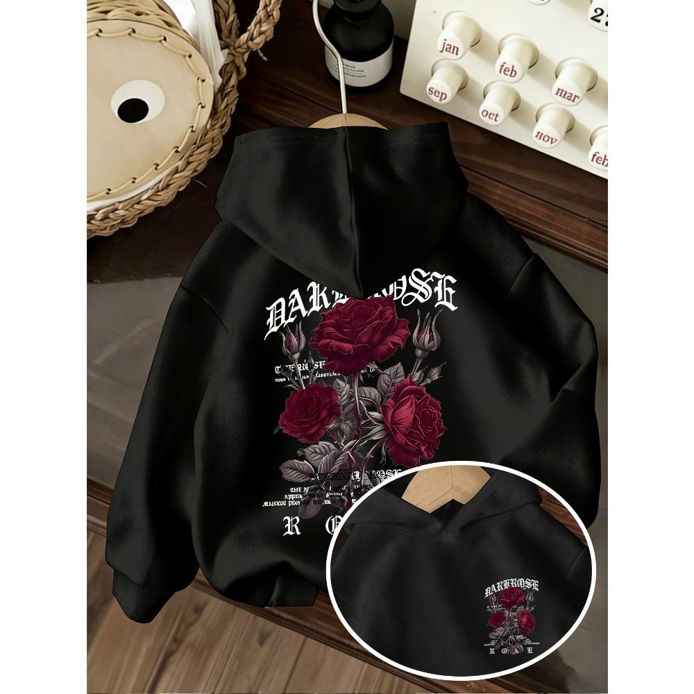 Children's Back Red Rose Flower Print Hoodie Loose Casual Long-sleeved Spring and Autumn Children's Clothing