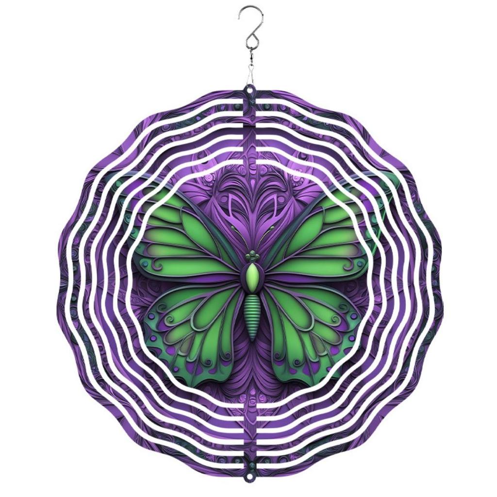 Vibrant 10 Inch Mandala Wind Chime with Swirling Butterflies Purple Green Metal Garden Decor Outdoor Art Gift for Family Friends