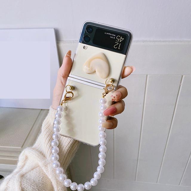 

Женский милый 3d Мраморный Сердце Портативный Жемчужный Браслет Чехол Для Телефона Для Samsung Galaxy Z Flip 3 5g/Z Flip Прозрачный Жесткий Чехол Для ПК For Samsung Z Flip 3