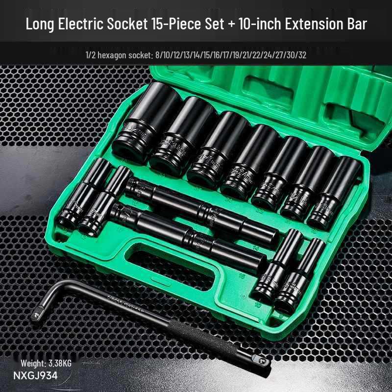 Extended Electric Socket Wrench Set with Large, Medium & Small Hexagonal Air Gun Heads for Auto Repair