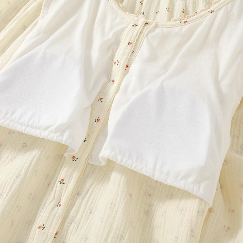 Pure cotton crepe yarn round neck spring and autumn chest pad long-sleeved trousers pajamas can be worn at home