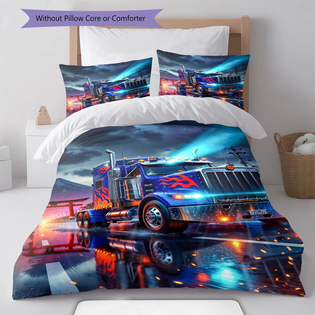 Truck Pattern Bedding Quilt Set Quilt Cover Pillowcase Home Decoration Gift (1 * Duvet Cover + 2 * Pillowcase, Without Core)
