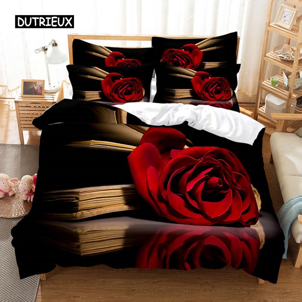 Povlečení červená růže Povlak na přikrývku/přikrývku Pouzdro na polštář 3D HD Double Full King Queen Twin Single 3/2KS Polyester Povlak na přikrývku