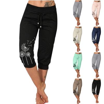 Damen-Freizeithose, Yoga, hohe Taille, Kordelzug, bedruckt, siebte Hose