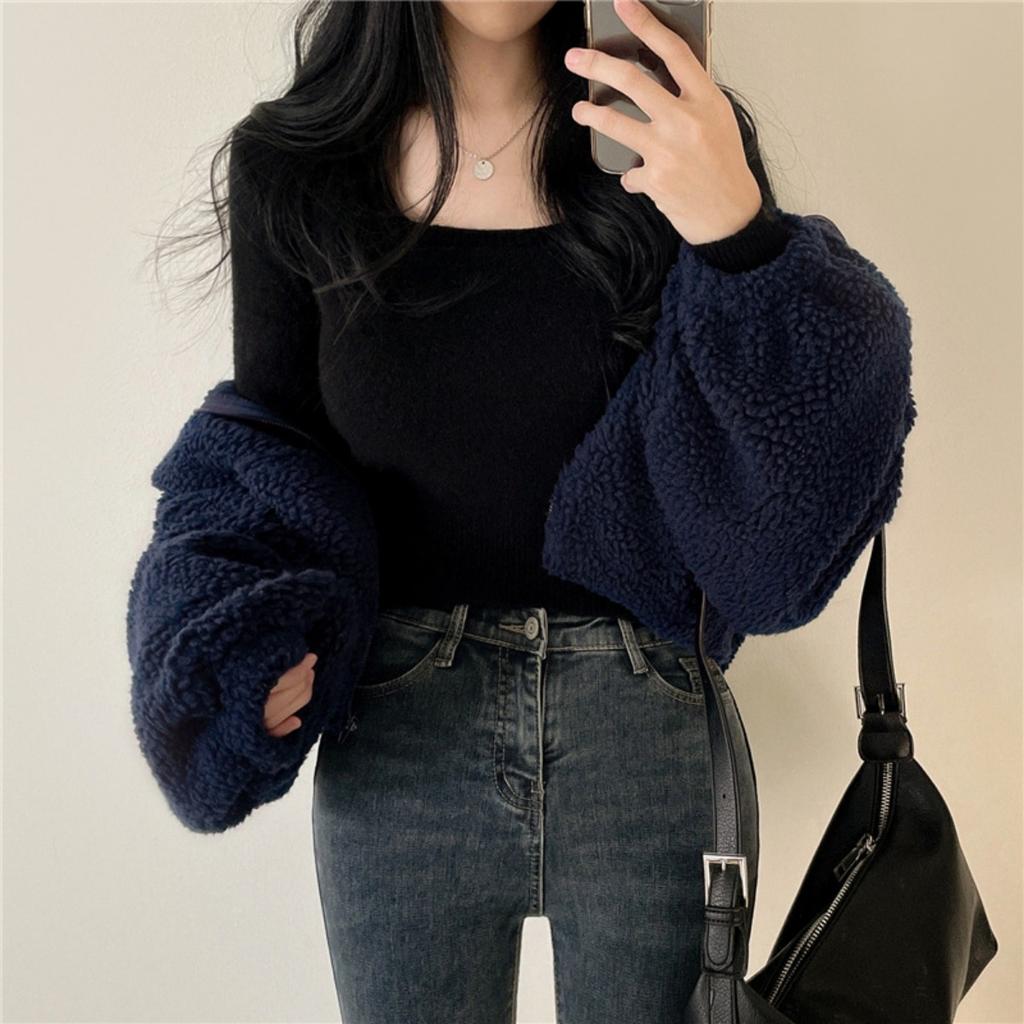 Court, Col montant, Chaud, Veste en laine, Femme, Ample, Fermeture éclair, Gilet, Haut