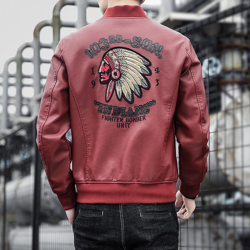 Men's Pu Leather Jacket Baseball Collar Embroidered Motorcycle Jacket Spring and Autumn Men's Casual Trendy Leather Jacket