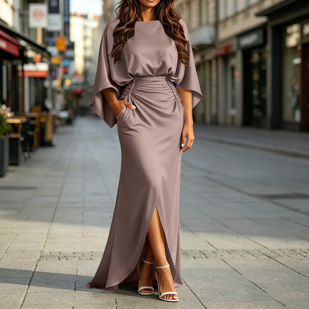 Robe longue plissée pour femme avec poches, taille cintrée, coupe ajustée, pour le quotidien et le travail