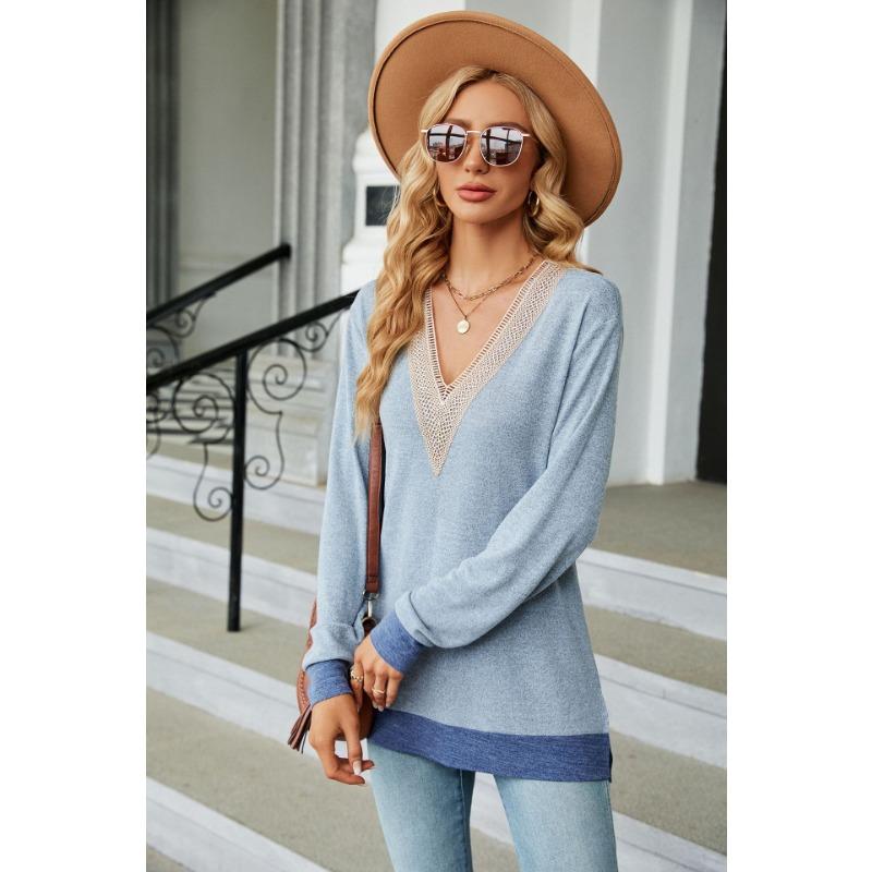 Autumn and Winter Lace V-neck Contrasting Contrasting Slit Loose Long-sleeved T-shirt Tops for Women