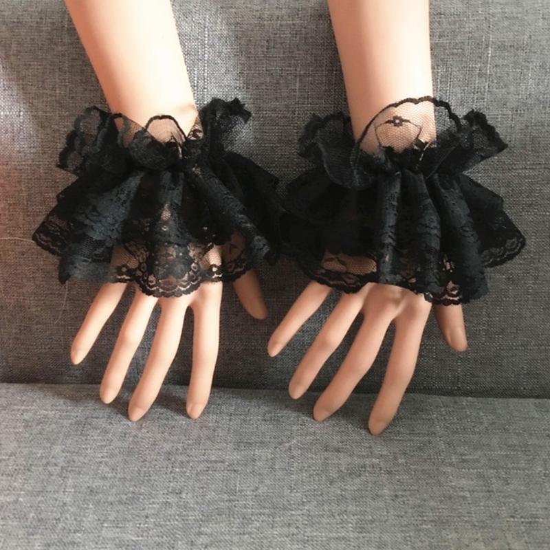 Floral Lace Layered Horn Cuffs Stretch Wrist Fake Sleeves Lolita Ruffled Cosplay Party Costume Accessory for Women Girls