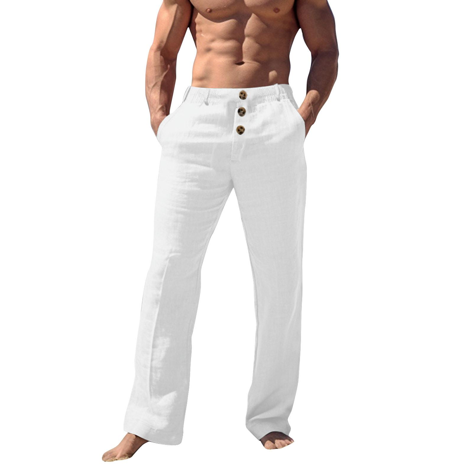

Мужские повседневные свободные и удобные повседневные брюки, хлопковые льняные брюки с пуговицами XL