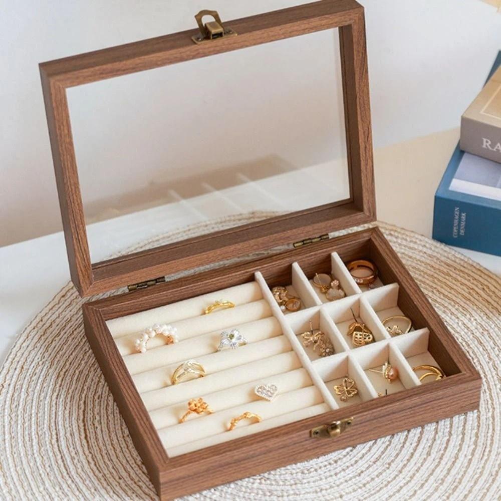 Glass Lid Jewelry Organizer Velvet Ring Display Holder Retro Wood Jewelry Box  Store