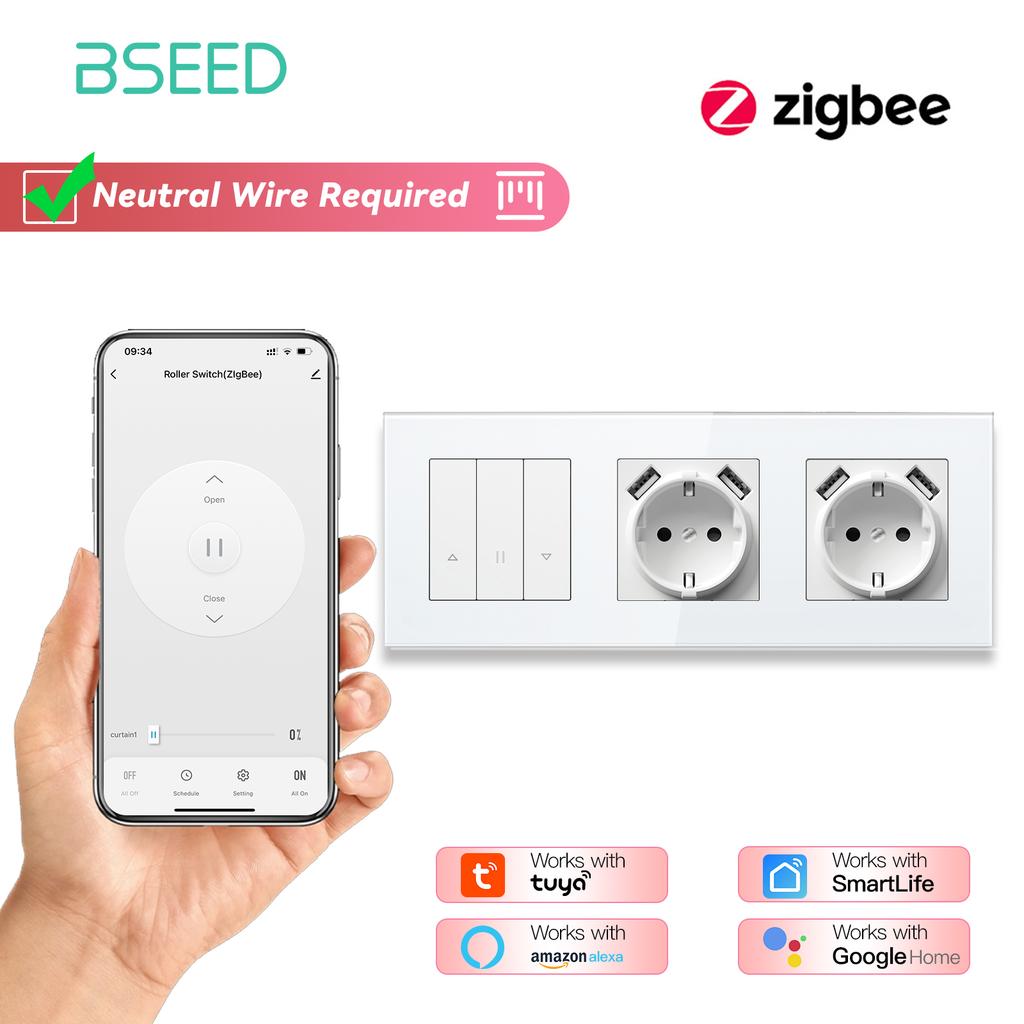 BSEED Zigbee Shutter Switch Series Wall Smart Click Switches Yellow Backlight Glass Frame Tuya APP Roller Switch EU Wall Sockets