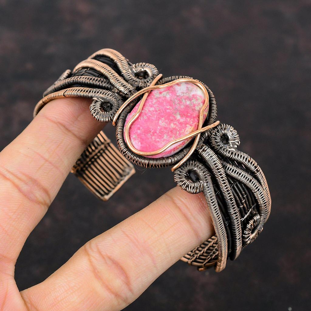 Thulite Cuff Bracelet Copper Wire Wrapped Gemstone Bangle Adjustable Cuff Bracelet Thulite Copper Jewelry Handmade Elegant Cuff Gift For Her