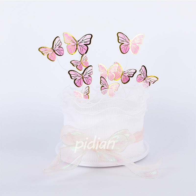 Cake Decoration Bronzing Butterfly Insert 11Pcs/Set Paper Pink Purple Butterfly Baking Dessert Table Dress Up Birthday Decor