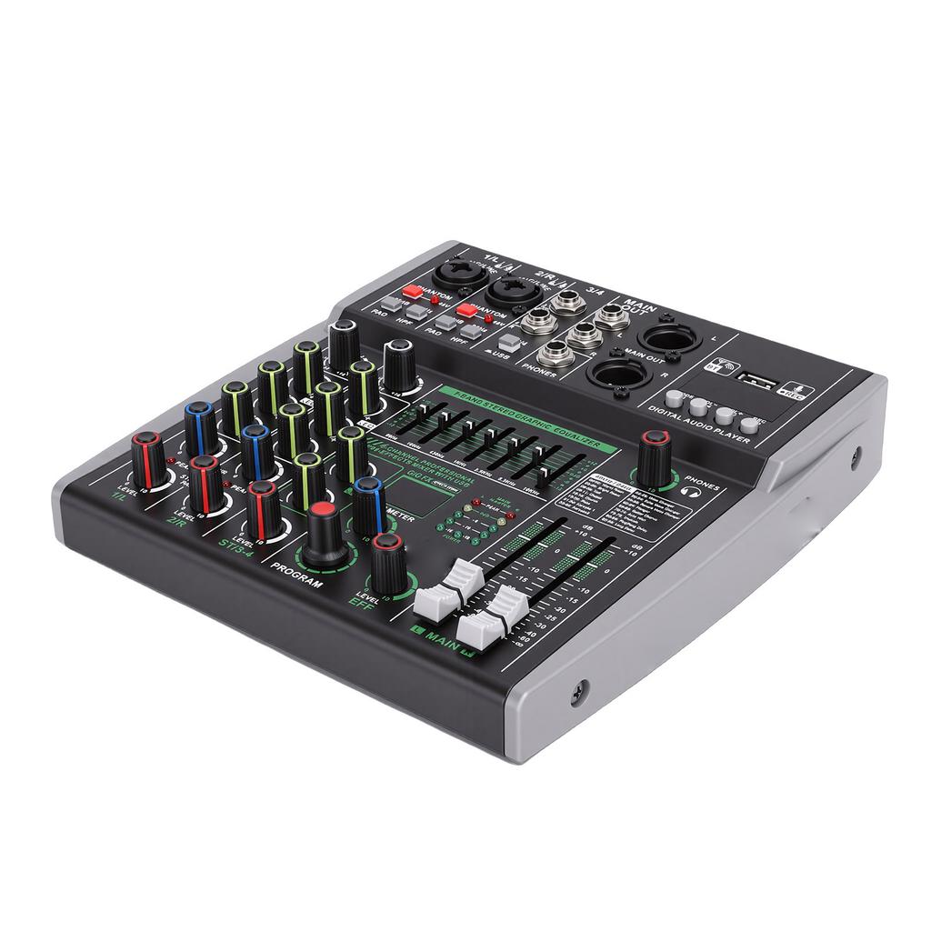 4 Channel Sound Mixer Stereo Bluetooth Mixing Console for Live Recording Karaoke 99 Bit Digital Signal Processor 7 Band