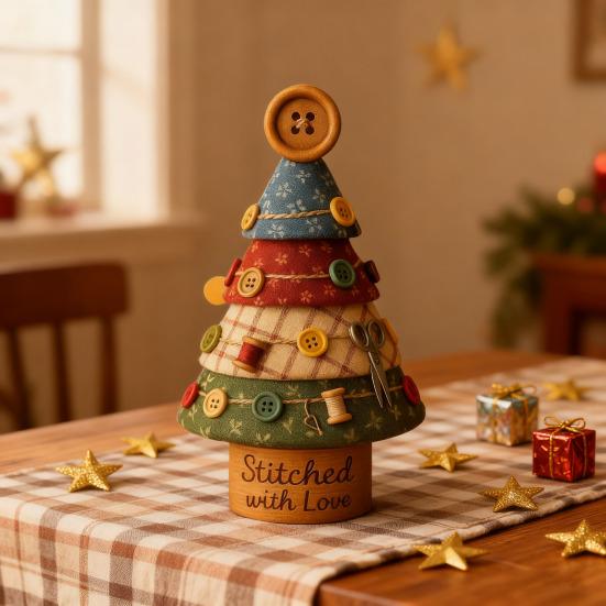 Fabric Christmas Tree Figurine Handmade Multi-Layer Xmas Tree Ornament with Buttons Scissors And Star Topper Holiday DIY Patchwork Craft for
