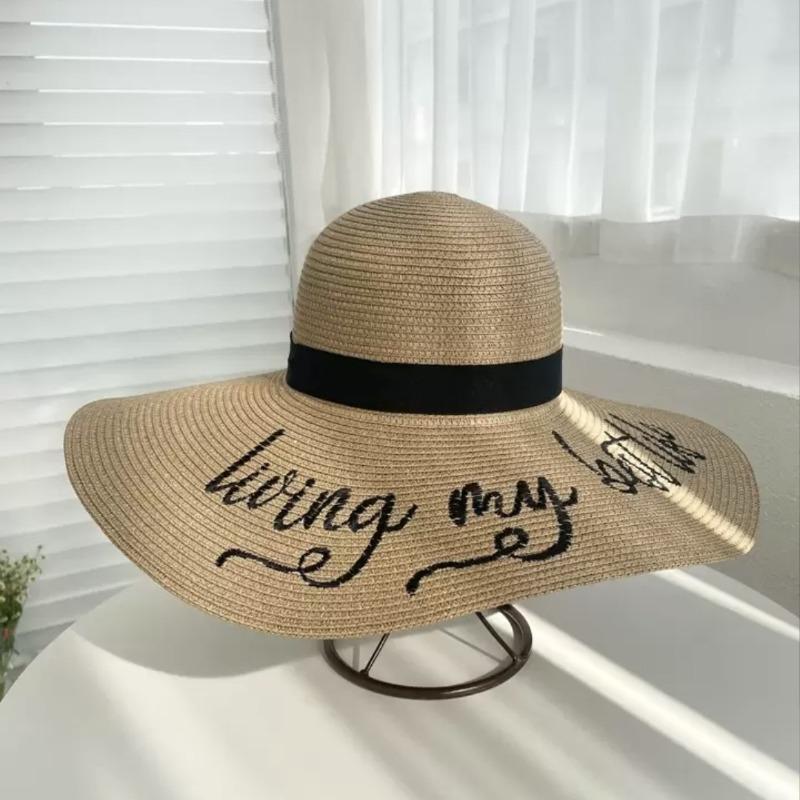 Versatile straw hat women's large brim floppy disk hat summer beach vacation wind letter sunshade sun protection hat