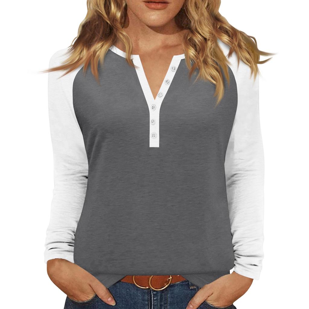 Women's T Shirt Color Block Button Long Sleeve Daily Weekend Fashion Basic V- Neck Regular Top