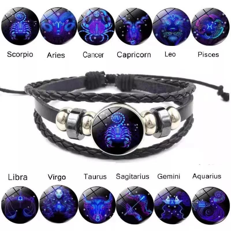Luminous 12 Zodiac Constellation Sign Braided Couples Leather Bracelet For Men Black Rope Charm Party Grow In the Dark Jewelry