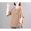 Women's Retro Korean Style Plus Size Embroidered Cotton Linen T-Shirt