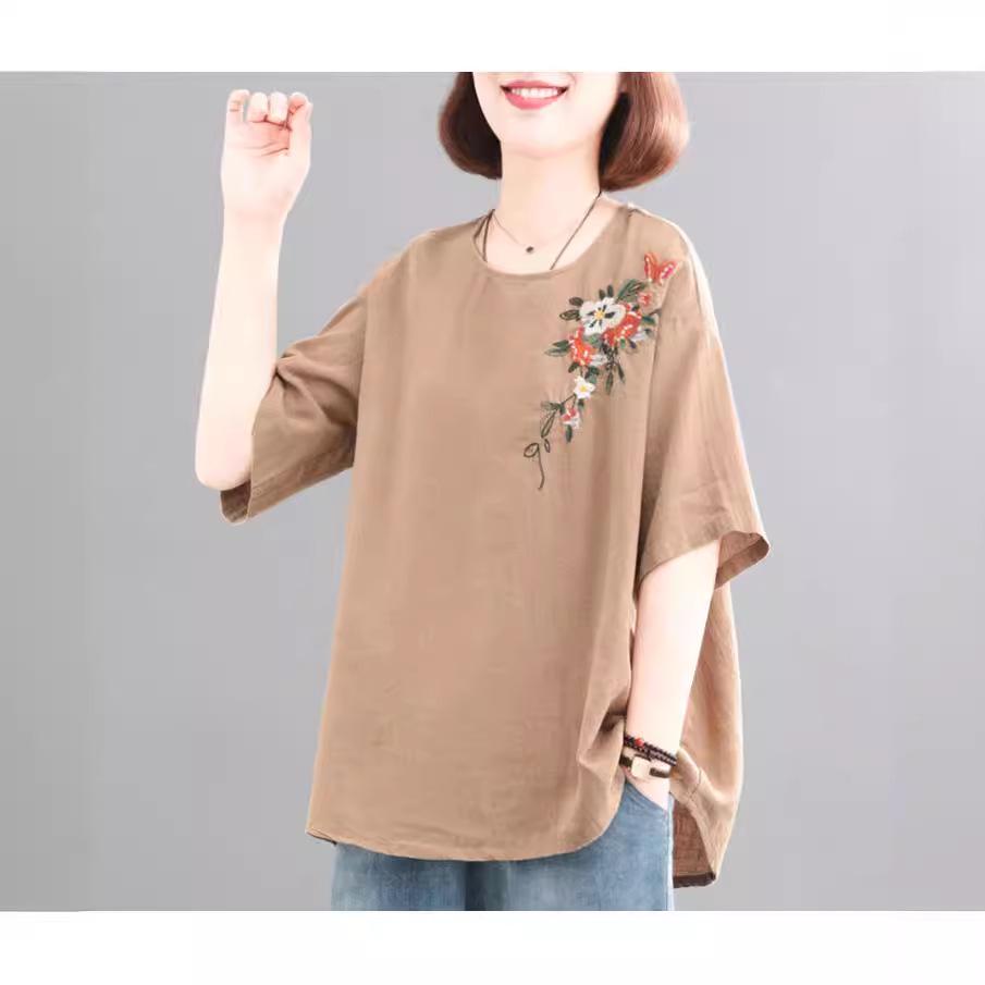 Women's Retro Korean Style Plus Size Embroidered Cotton Linen T-Shirt