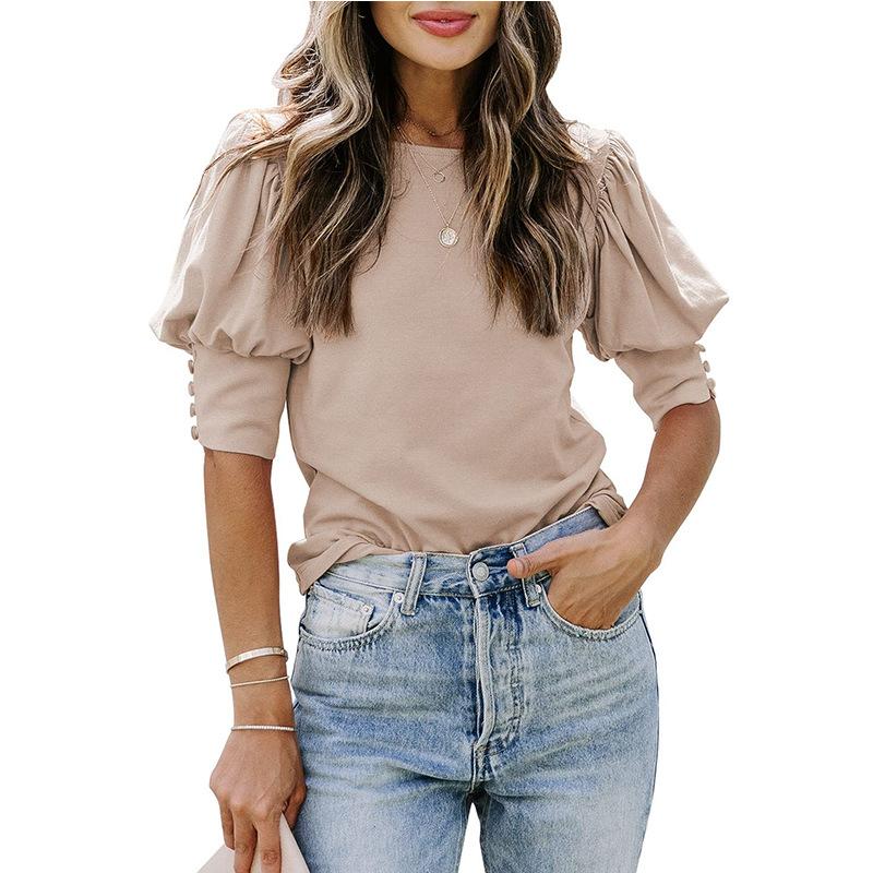 Women's Short Sleeve T-Shirt Round Neck Solid Colour Button Pullover Blouse Top Casual Undershirt