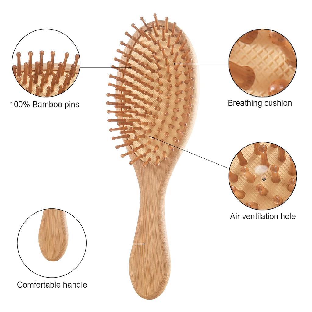 Bamboo Hair Brush and Comb Set - Eco-Friendly Anti-Static Detangling Brush and Combs for Women and Men, Massage Wooden Brushes for Thick, Thin,