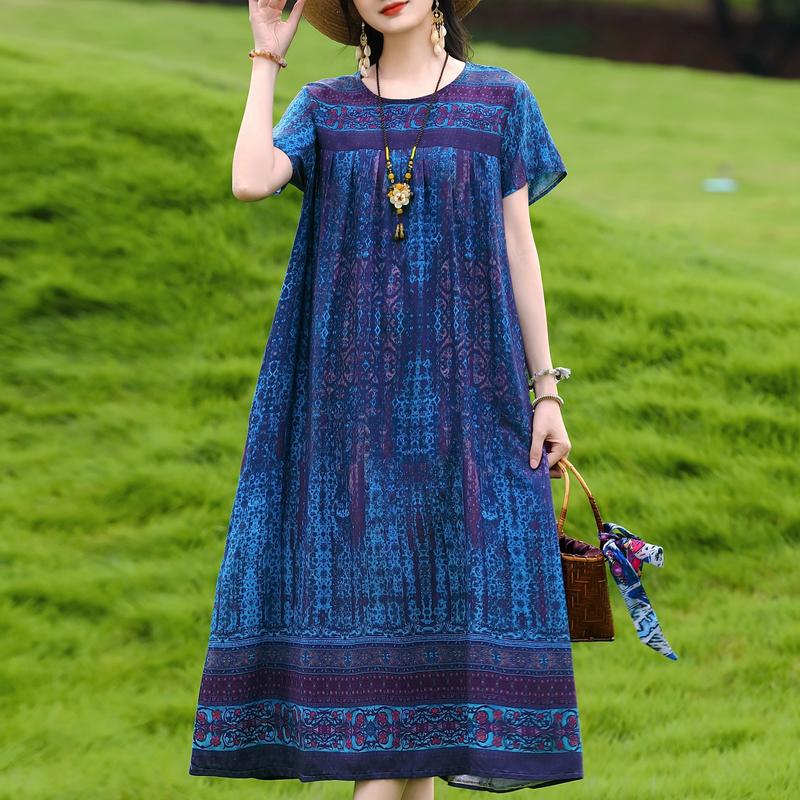 Damen Plus Size Boho-Print Maxikleid, Kurzarm Freizeit-Sonnenkleid (XL-5XL)