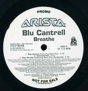 

12inch Record BLU CANTRELL Breathe ARDP5219ARDP52 Arista 2002 US Rap HipHopRB Used
