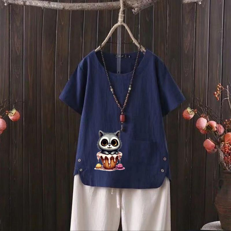 

Женская мода с принтом кота, летняя повседневная свободная футболка с коротким рукавом, летние блузки из хлопка и льна 4XL темно-синий