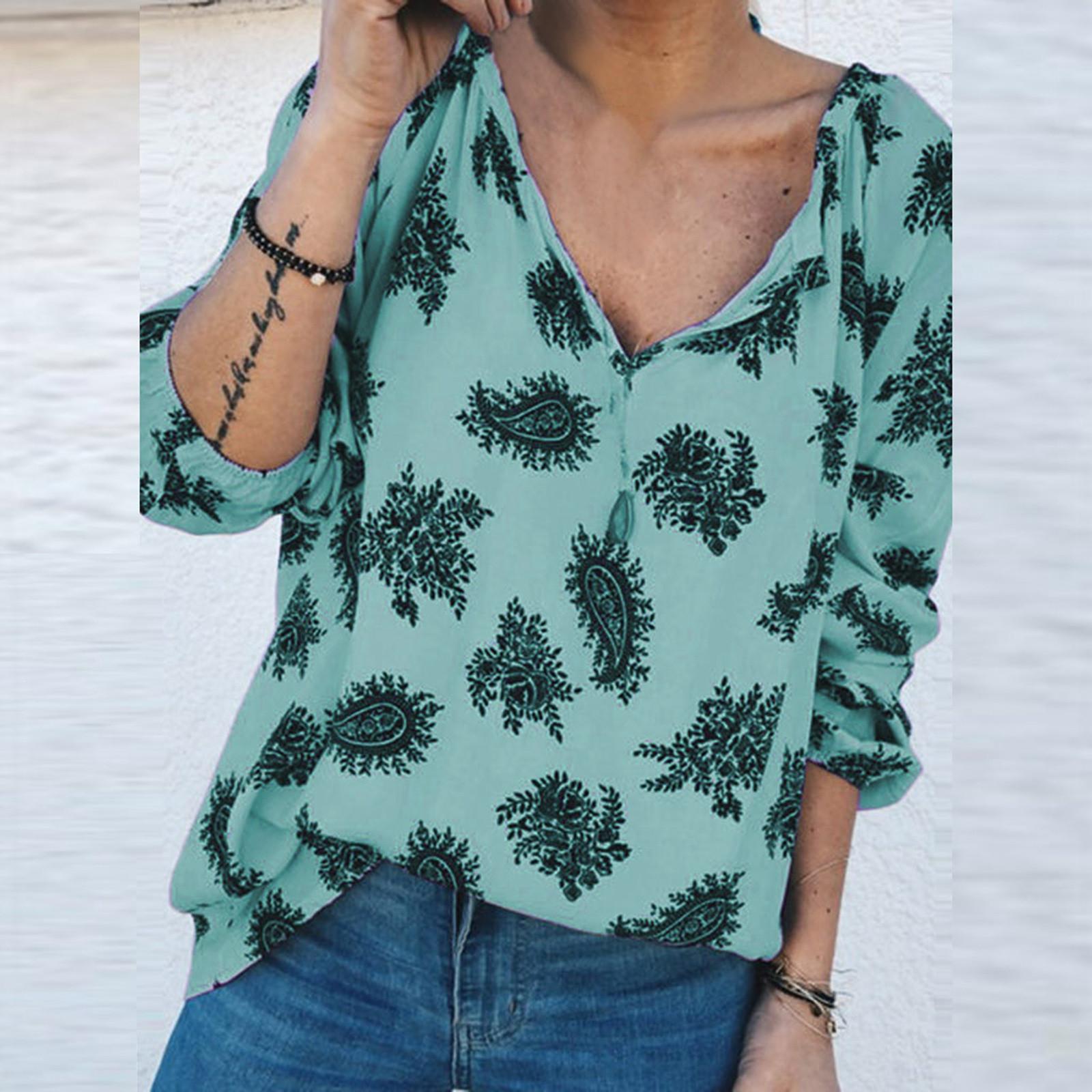 

Ramidos Women Summer Fashion V Neck Print Shirt Long Shirt Loose Blouse Tops