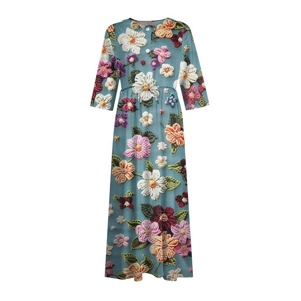 Damenmode Retro Blumendruck Revers Knopf Dreiviertelärmel Kleid