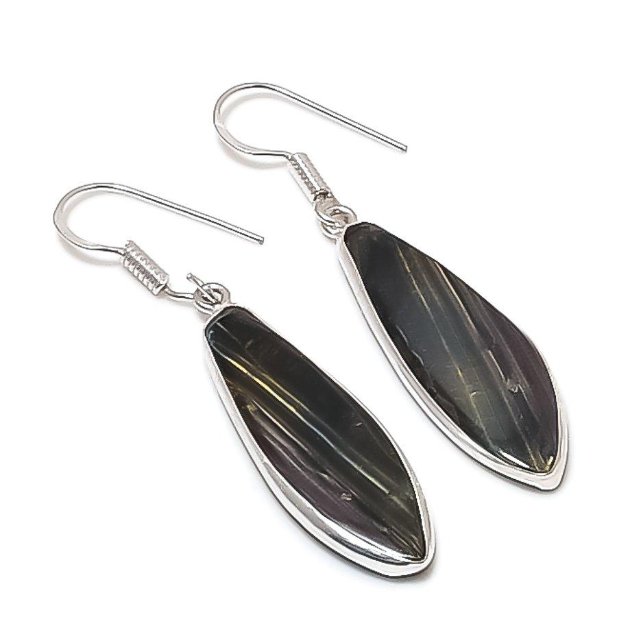 Natural Tiger Eye Gemstone Handmade 925 Sterling Silver Earring 2.05" M3d30