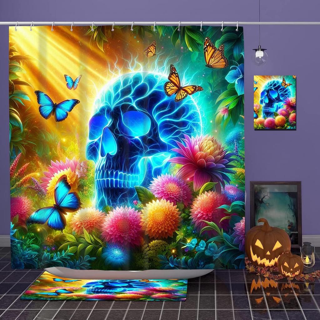Helloween Theme Flower Skull Pattern Bathing Curtain Bathroom Shower Curtain Waterproof With 12 Hooks Home Deco Free Ship