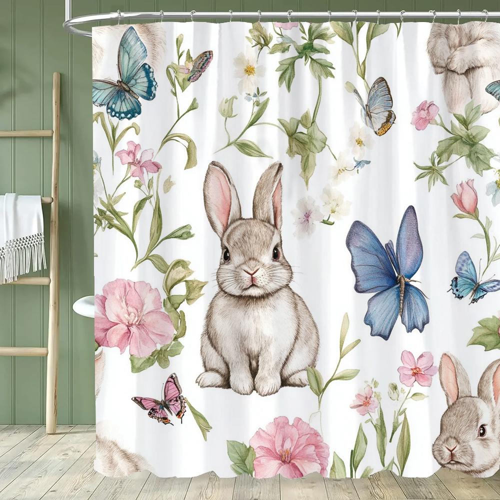 Cartoon Cat Shower Curtain, Plant leaves Bathroom Decorative Shower Curtain, Printed Fabric Home Curtain with Hooks