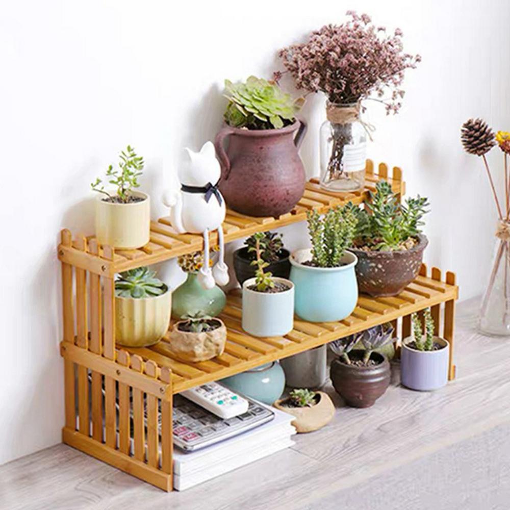 A47 2 Tier Bamboo Plant Stand Holder for Succulents/Office/Living Room/Balcony Plant Pot Display Rack Shelf