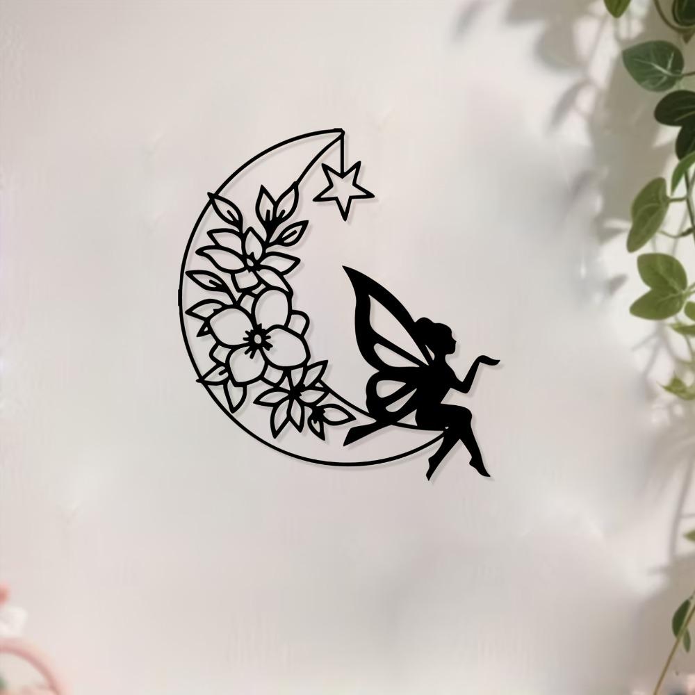 Wrought Iron Fairy Moon Wall Art Fantasy Home Decor Garden Statue Rustproof
