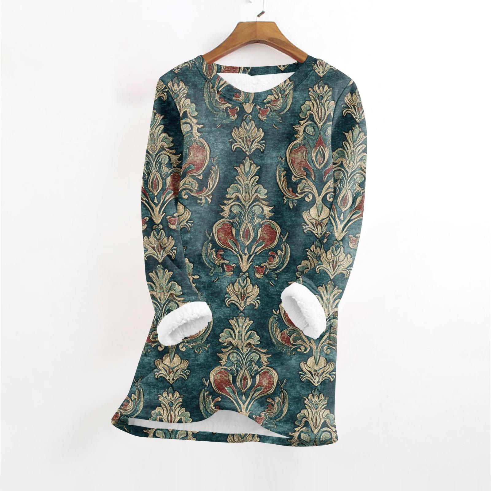 

Women s Fashionable Printed Round Neck Long Sleeved Plush Warm Pullover Top L синій