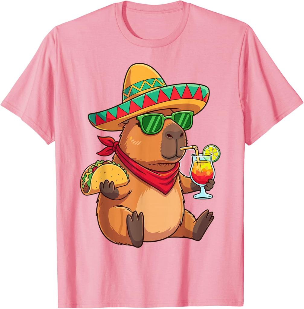 Capybara Sombrero Taco Drink Summer Fiesta Graphic Tee Shirt Casual Breathable Men