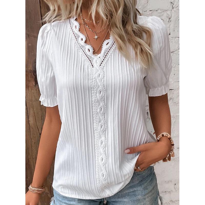 2023 Summer Women's European and American Fashion Hollow Short-Sleeve Shirt