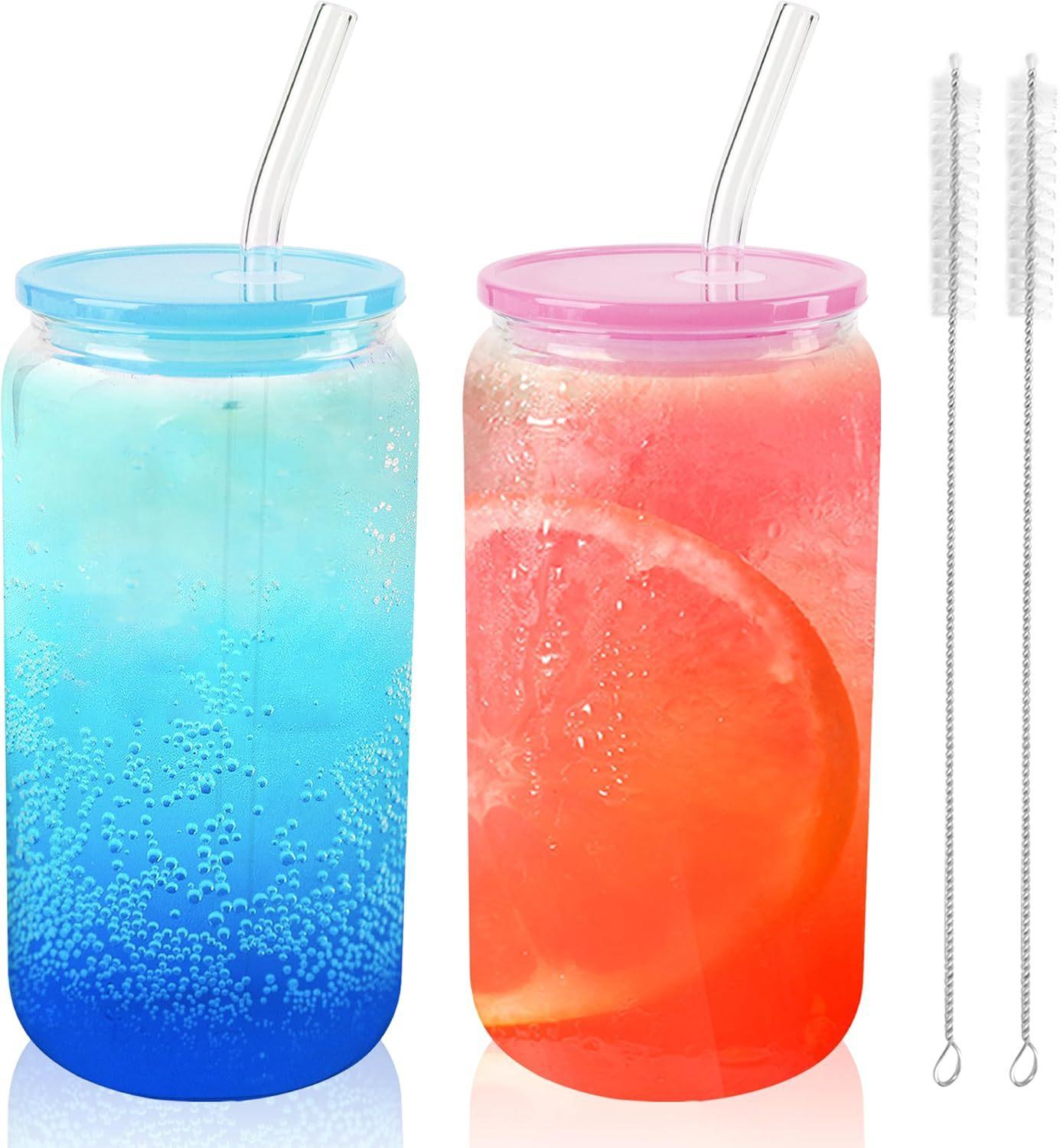 

2/4 шт. 16 унцій прозора скляна склянка з соломинкою та кольоровими кришками, багаторазовий посуд, склянки для холодної кави, чашки для напоїв, чаю, молока, кави 401-500ml