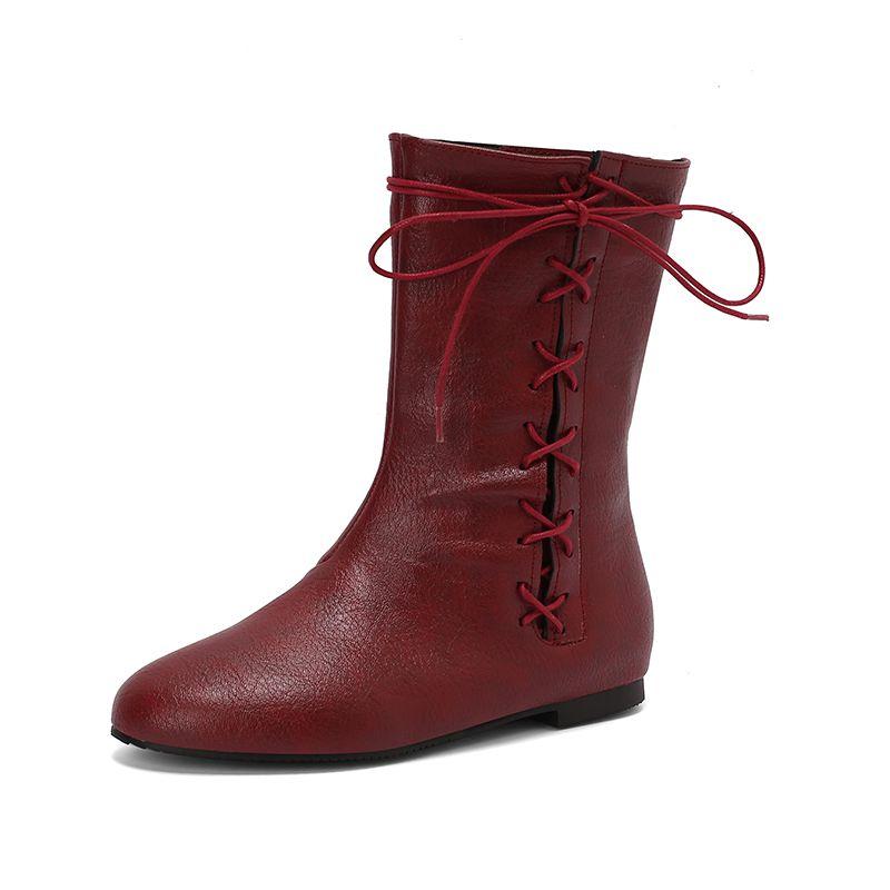 Fashion Classic Vintage Women Boots Round Toe Low Heels Zipper Lace Plus Size 46 47 48 Casual Soft Daily Mid Calf Booties