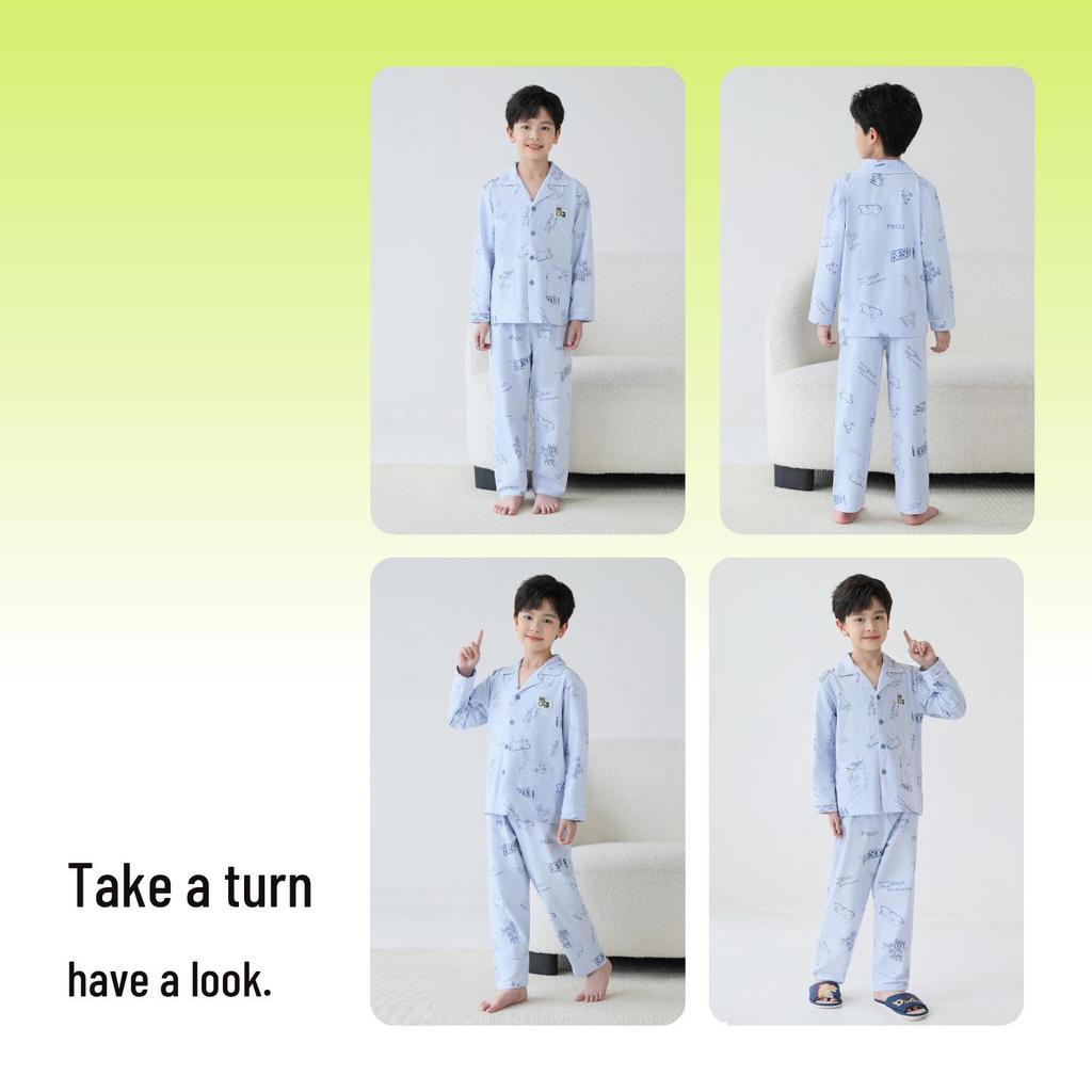 Lulu Niu Boys' Pure Cotton Spring/Autumn Pajamas - Long Sleeve Homewear for Kids, 2025 Collection