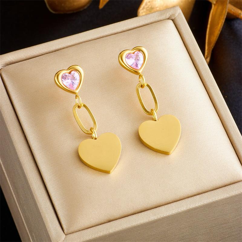 

Gold Plated Pink Cubic Zirconia Double Heart Drop Earrings for Women Stainless Steel розовый