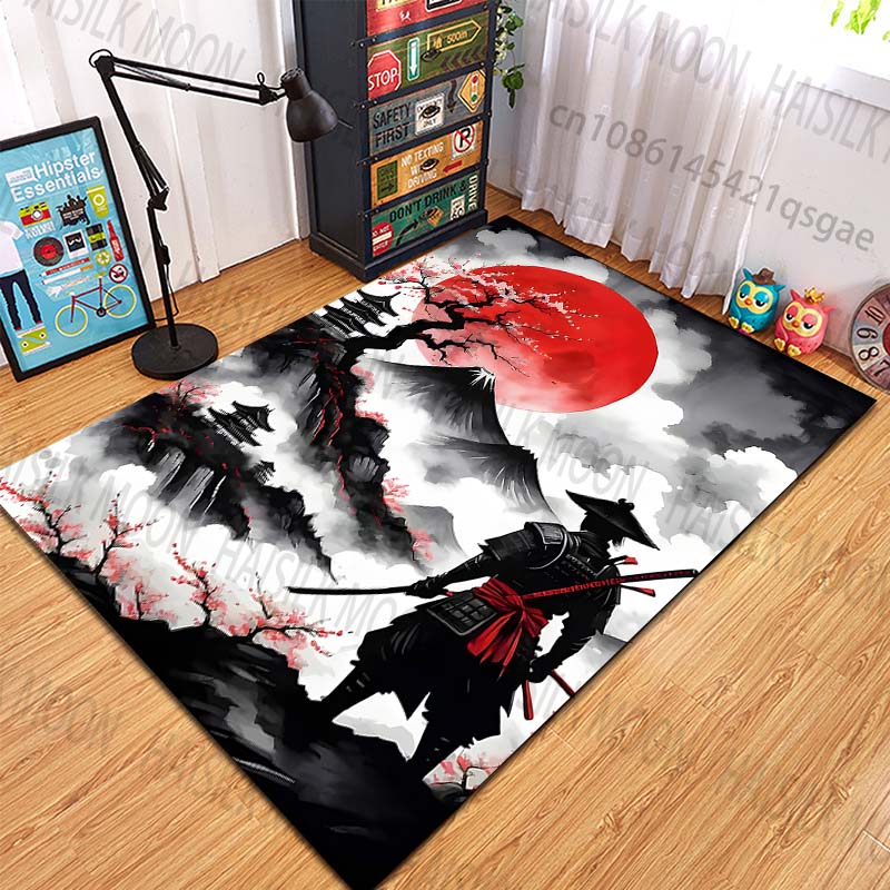Samurai Red Sun Mountain Scene Pattern Rug Carpets for Bedroom Living Room Sofa Mat Creative Door Mat Cloakroom Home Decor