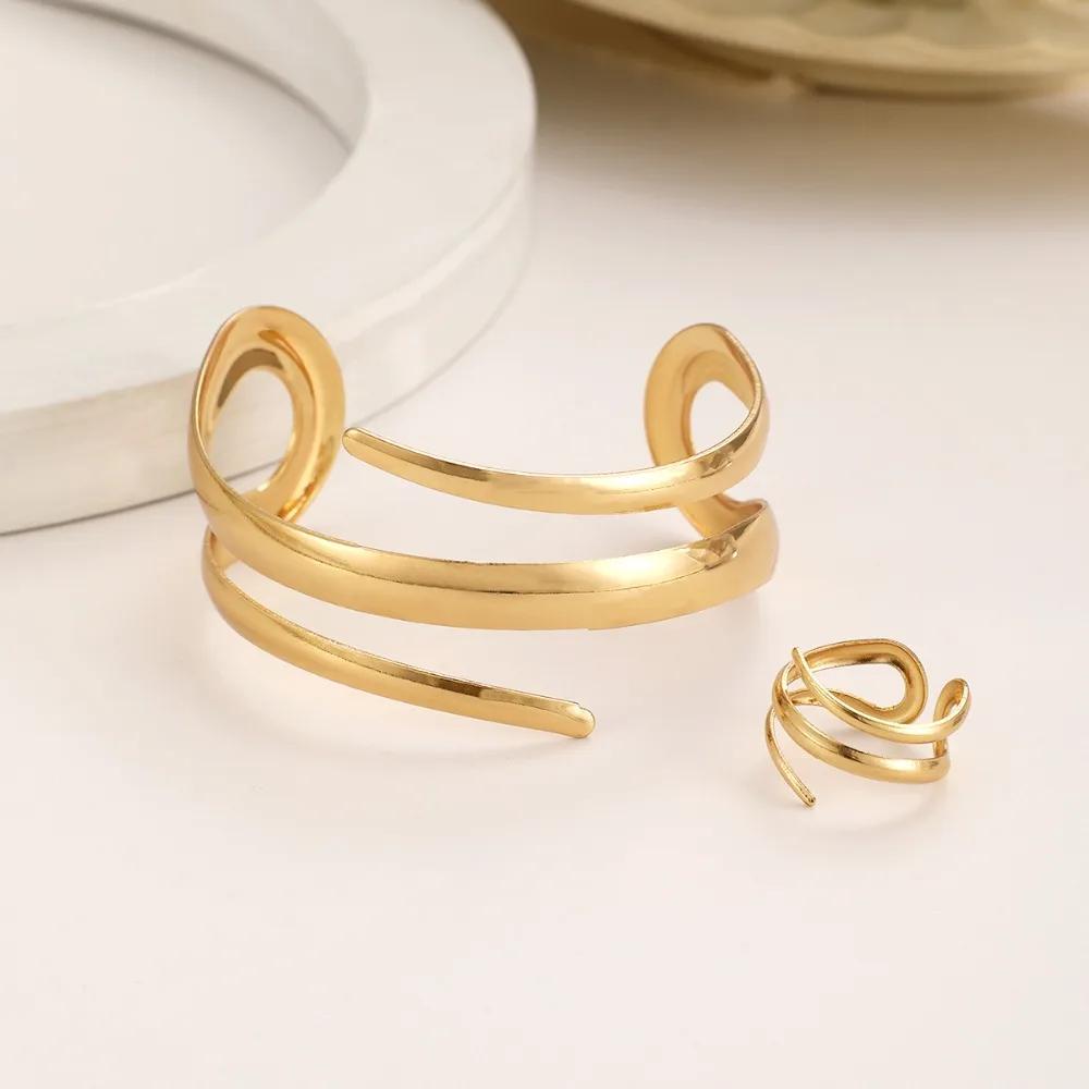 2 Pcs Set Exaggeration Personality Gold Color Spiral Multilayer Bracelet Ring for Women Party Commuting Charms Jewelry Sets Gift