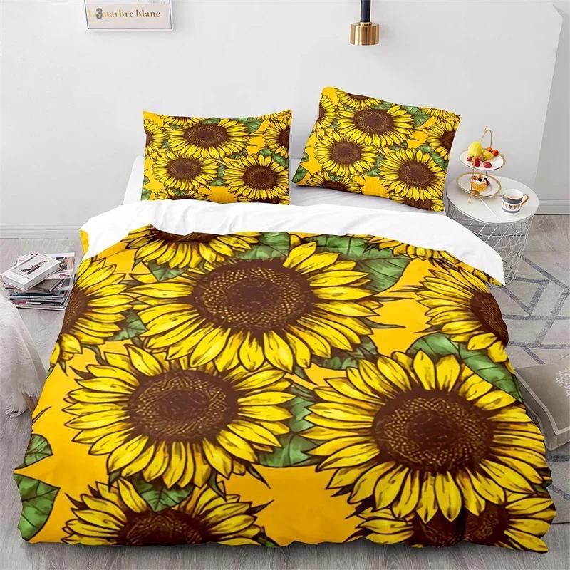 Sunflower Duvet Cover Botanical Floral Comforter Cover King Queen Twin for Kids Girls Room Microfiber Yellow Flowers Bedding Set