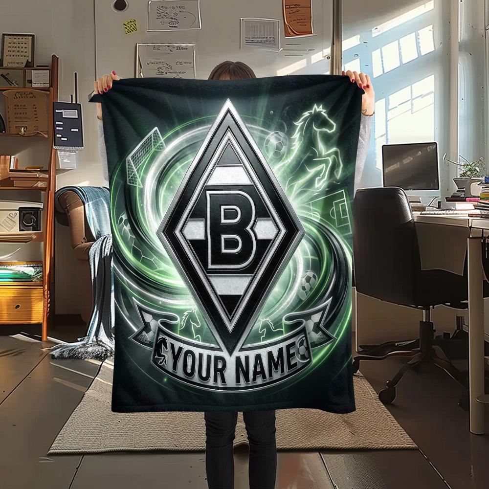 Custom Name Borussia Mönchengladbach Flannel Blanket, High Quality Comfortable for All Seasons, Home Decor, Warmth and Comfort