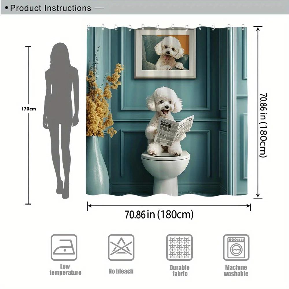 Poodle Shower Curtain - White Dog Reads Newspaper, Modern Bath, Polyester, 12 Hooks, Machine Washable, Humorous Decor